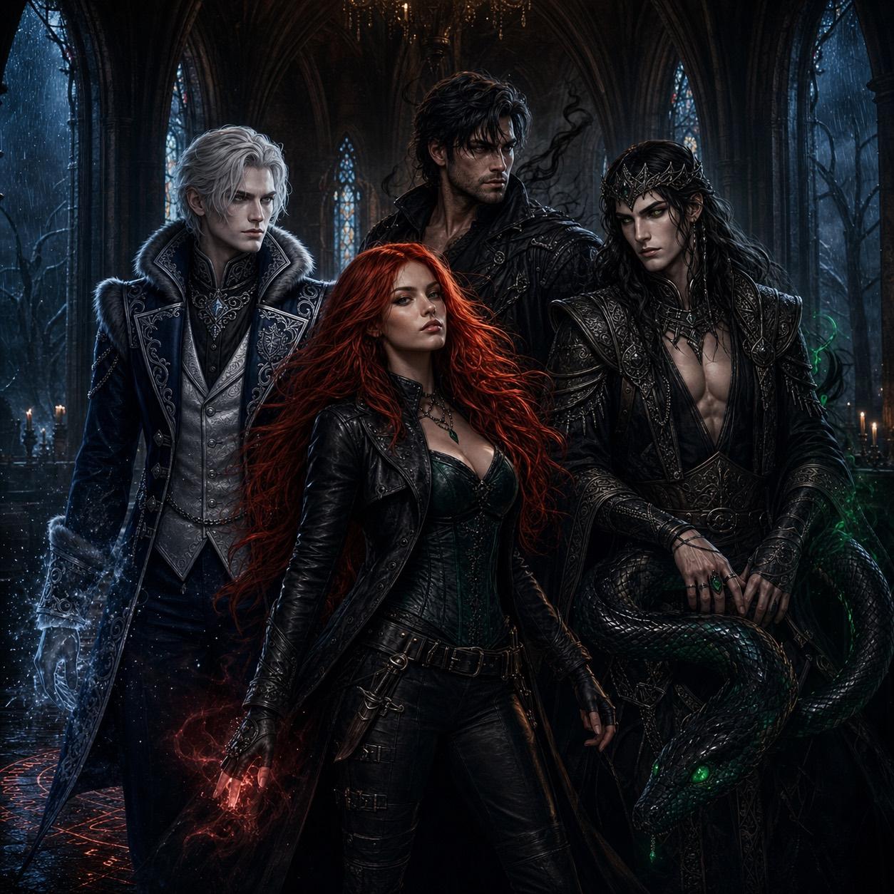 Scarlett stands with her three supernatural allies inside the candlelit black-stone halls of the Obsidian Marrow.