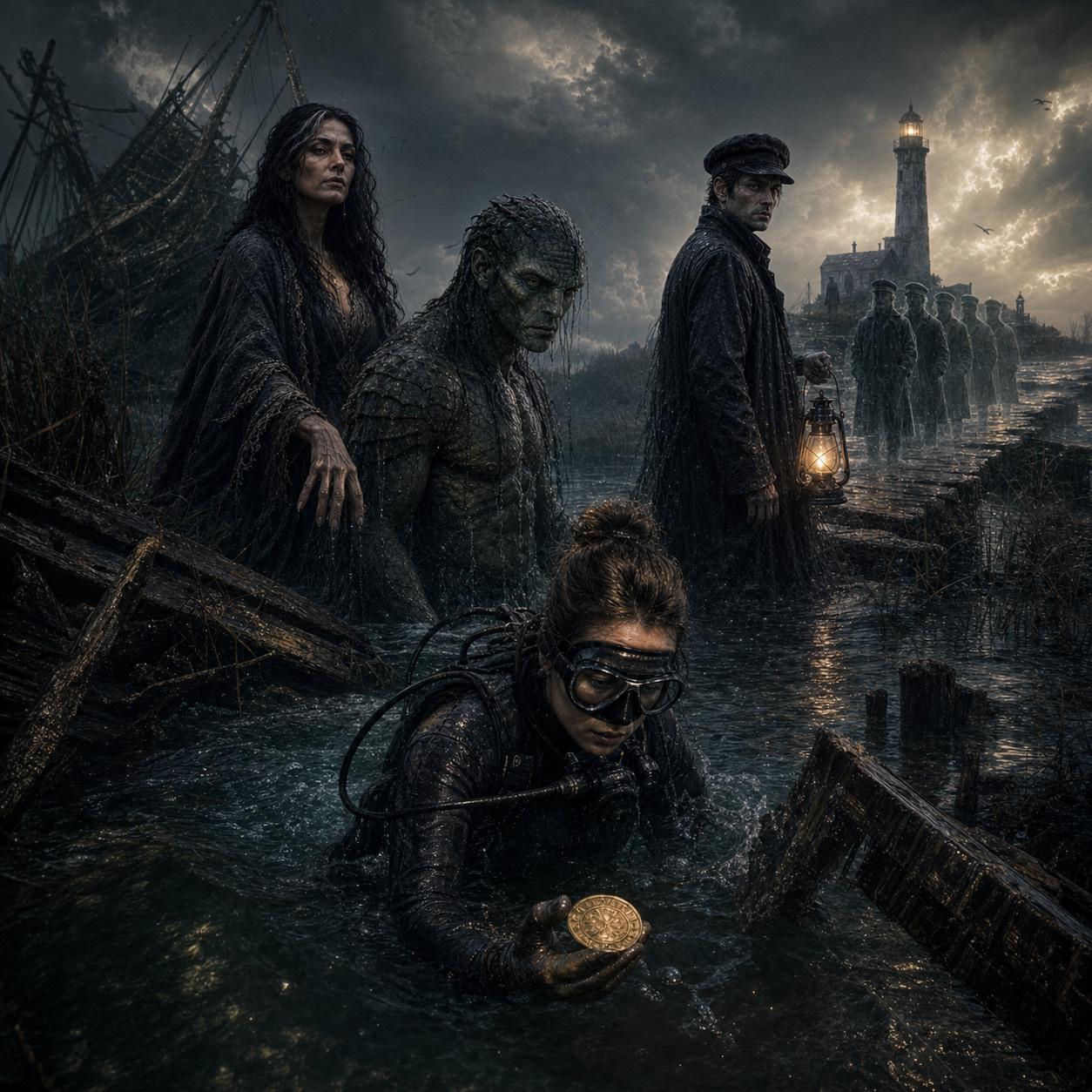 A salvage diver, a Boo Hag, a scaled tidal man, and a spectral lantern keeper gather beside a storm-lashed shipwreck.