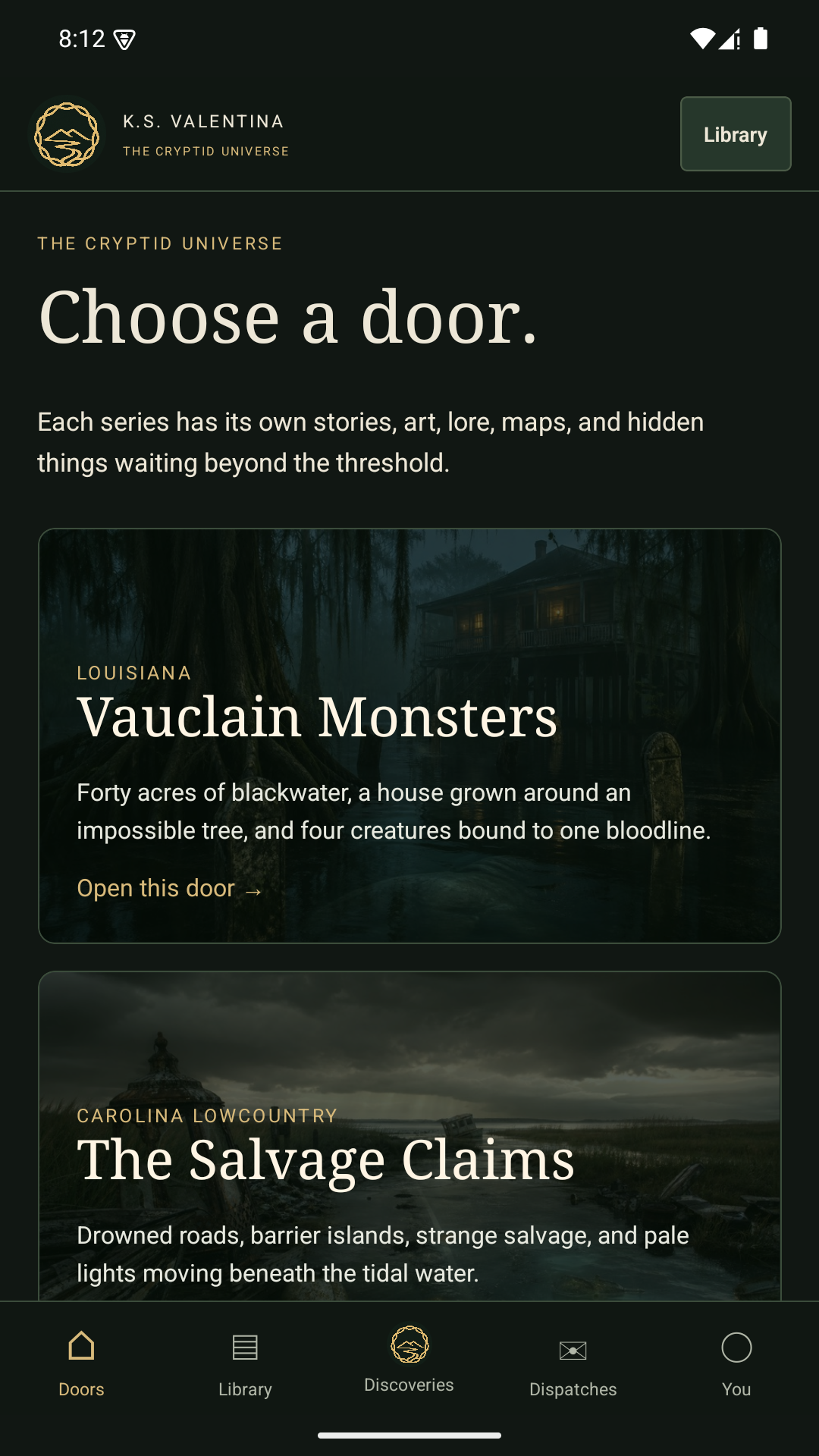 Cryptid Universe app: choose among the Vauclain, Salvage Claims, and Reclamation worlds