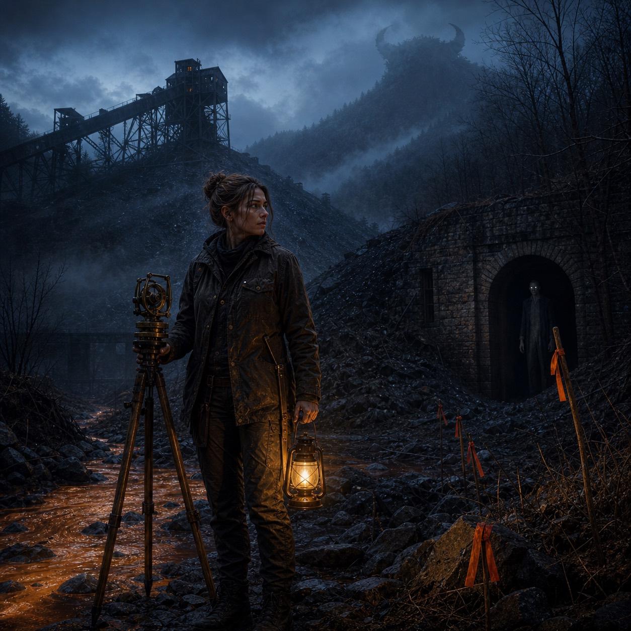 A land surveyor with a lantern and brass instrument faces a pale mine watcher beneath a horned Appalachian mountain.